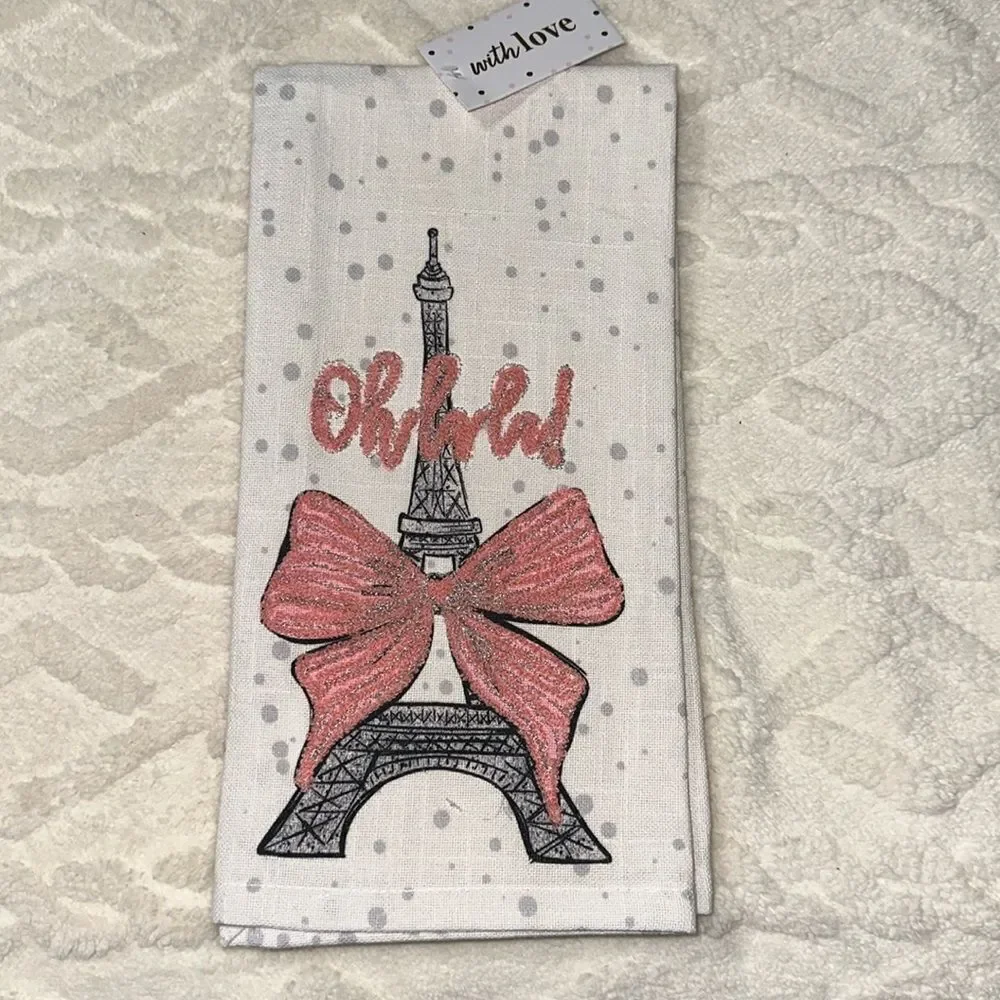 with LOVE Pink Ivory Black Metallic PARIS Eiffel Tower Cotton Kitchen Towel Set